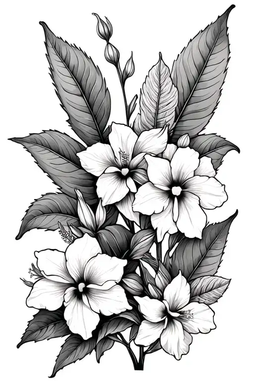 daffodils and hibiscus flower large black leaves tattoo design idea