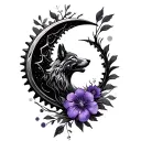 waxing crescent moon, gears, violet flower, howling wolf tattoo design idea