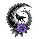 waxing crescent moon, gears, violet flower, howling wolf tattoo design idea