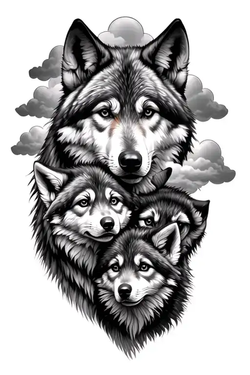 dad and mom wolf protecting 2 cubs with 3 clouds behind them tattoo design idea