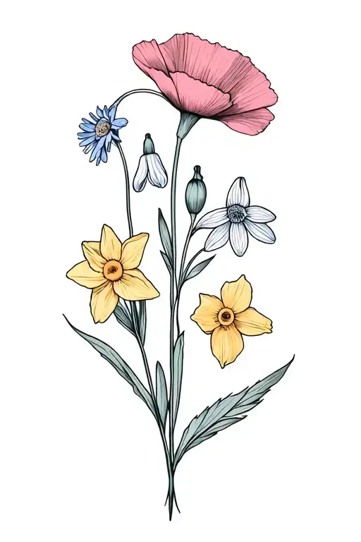 2 larkspur, aster, daffodil, poppy, snowdrop tattoo design idea