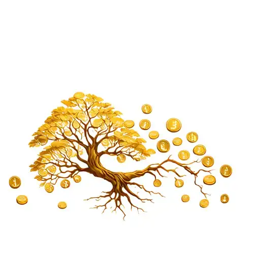 A tree of life with roots that turn into gold bars and leaves that represent coins. In the trunk, there may be tattoo design idea