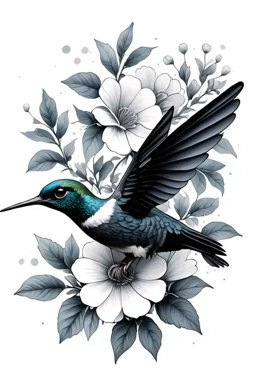 humming bird with flowers tattoo design idea