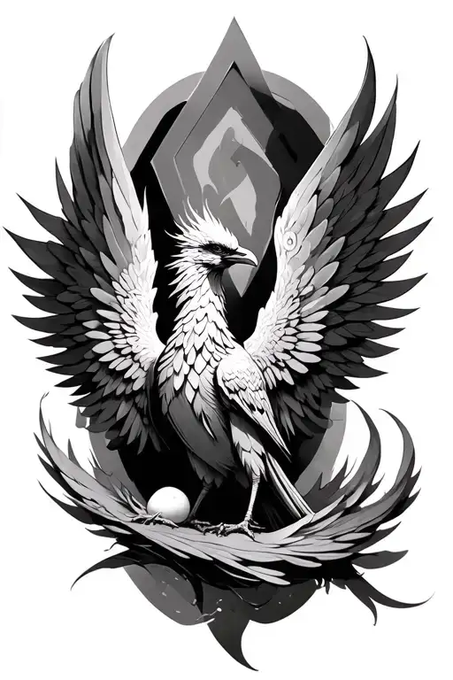 Create a phoenix with V -shaped wings. Introduce 3 eggs a orlog in which is and the name Vanstraesselle tattoo design idea