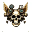 A gothic steampunk skull with brass goggles, clockwork mechanisms, and mechanical wings tattoo design idea