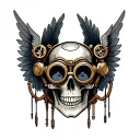A gothic steampunk skull with brass goggles, clockwork mechanisms, and mechanical wings tattoo design idea