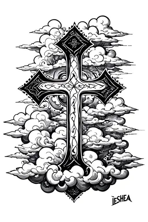 clouds surrounding the name ieshea with a cross made tattoo design idea