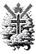clouds surrounding the name ieshea with a cross made tattoo design idea