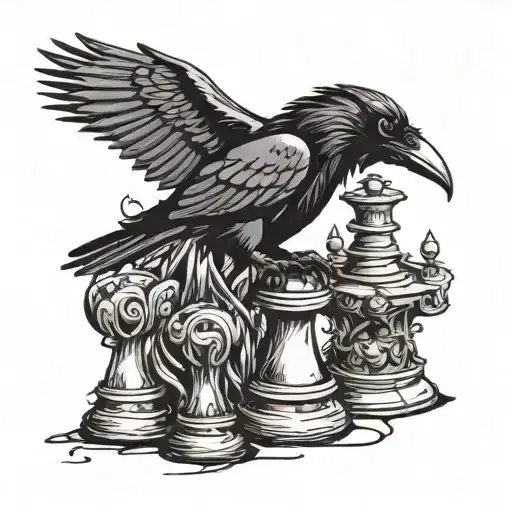Raven perched on top of rook chess piece tattoo design idea