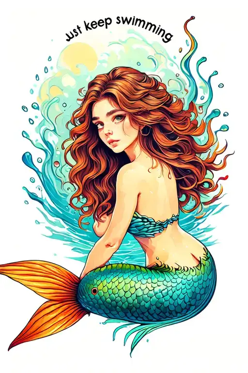 "Just keep swimming" mermaid sitting tattoo design idea