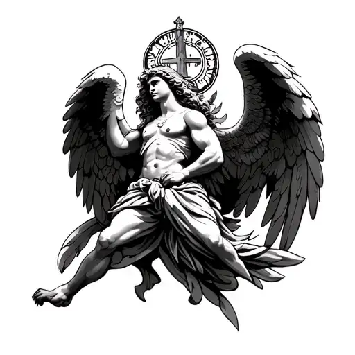 saint michael archangel with San Miguel in cursive tattoo design idea