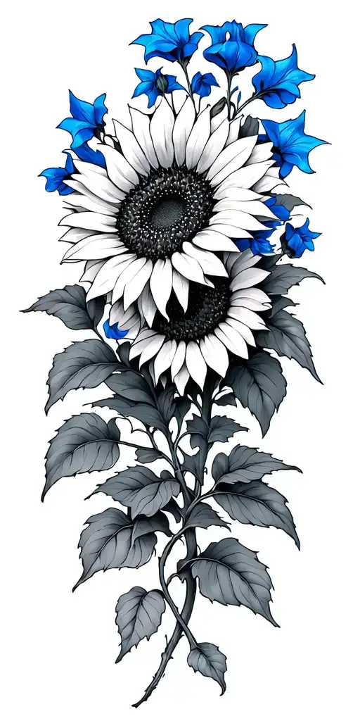 blue bells, sunflower, flor de maga, vines wrapping tattoo design idea