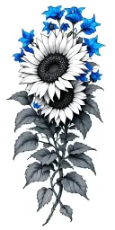 blue bells, sunflower, flor de maga, vines wrapping tattoo design idea