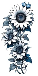 blue bells, sunflower, flor de maga, vines wrapping tattoo design idea