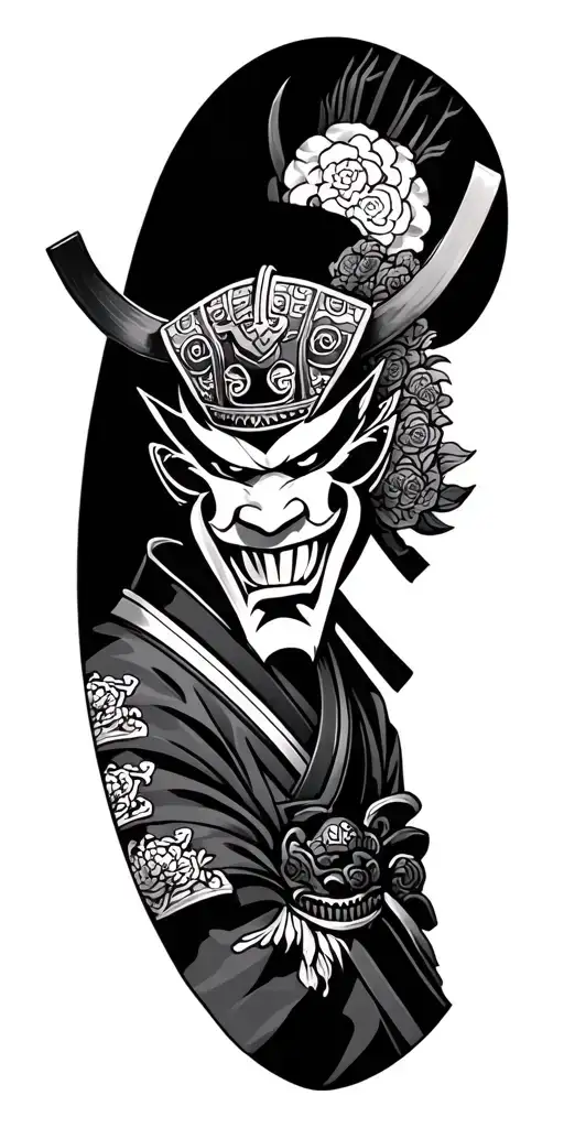 Japanese style tattoo featuring samurai and hannya mask tattoo design idea