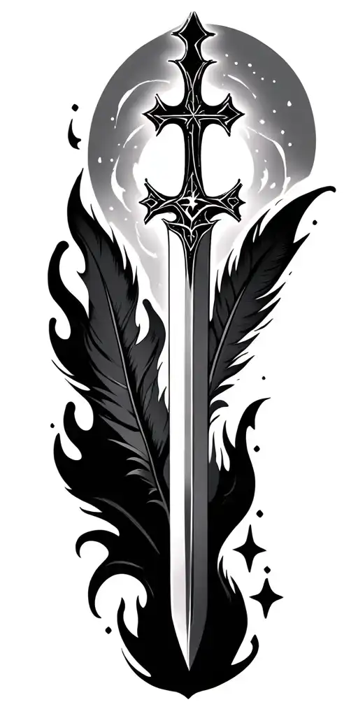 cross, sword, star, fire, water, feather tattoo design idea