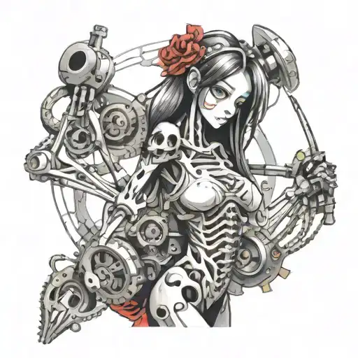 mechanical skeleton girl standing tattoo design idea