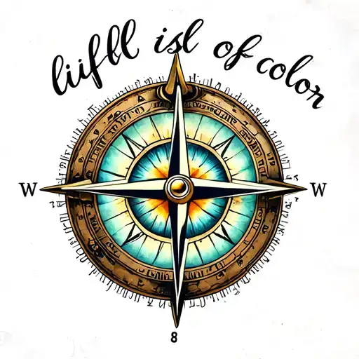 old nautical compass with saying "life is full of color" eye patterns in the circle  tattoo design idea