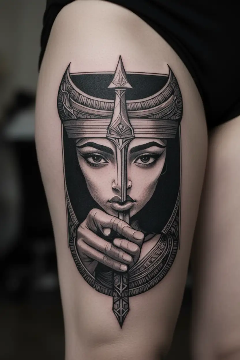 nubian spear pointing at vulva shapes hidden tattoo design idea