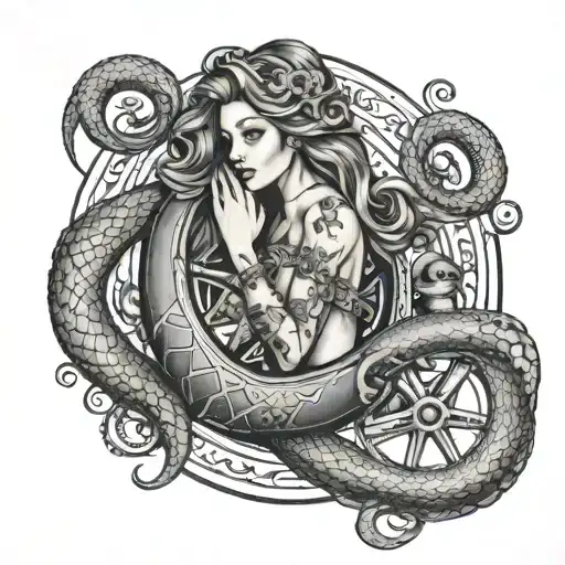 MERMAID HOLDING ONTO SHIPS WHEEL WITH AN OCTOPUS WRAPPING ITS TENTACLES AROUND tattoo design idea