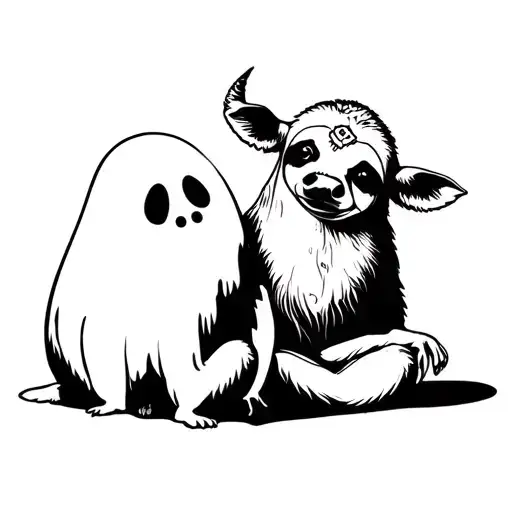 Ghost cow and hippie sloth meditating tattoo design idea