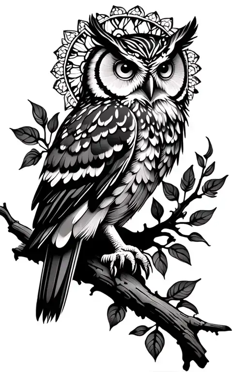 Owl on branch with mandala style background black tattoo design idea
