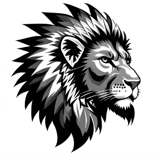 Lions Head wearing Indian warrior tattoo design idea