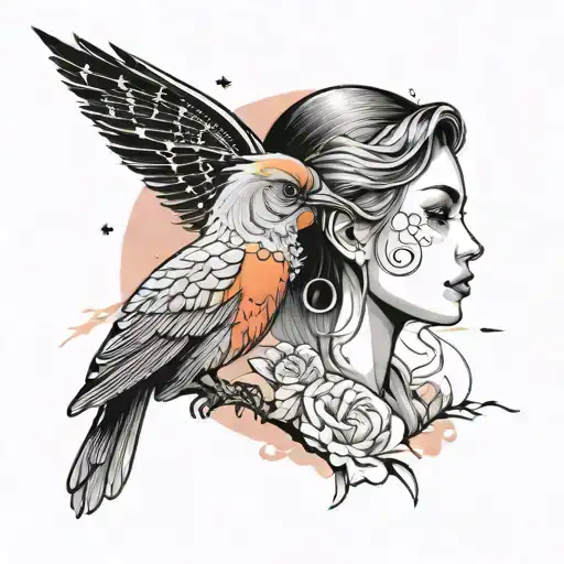 A starry night but a pink sky at dawn, a beautiful orange bird and a beautiful woman's face but looking sideways, combin tattoo design idea