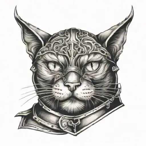 portrait of black cat head with knight armor on tattoo design idea