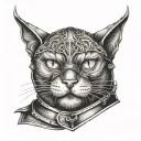portrait of black cat head with knight armor on tattoo design idea