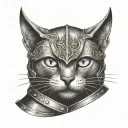 portrait of black cat head with knight armor on tattoo design idea