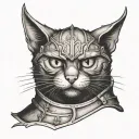 portrait of black cat head with knight armor on tattoo design idea