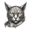 portrait of black cat head with knight armor on tattoo design idea