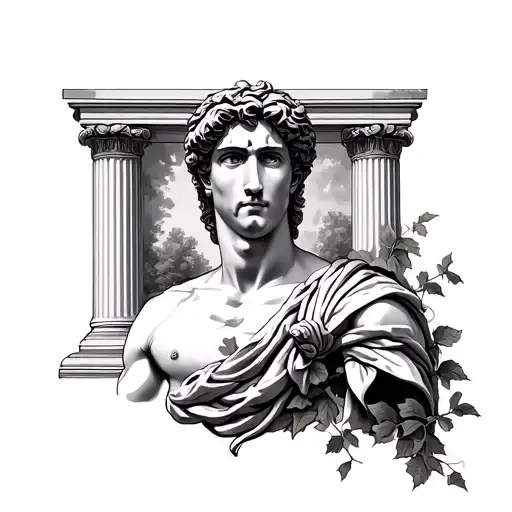 Adonis Greek god classical style with pillars in background and ivy tattoo design idea