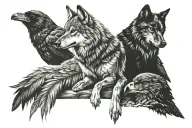 wolf and raven sitting together tattoo design idea