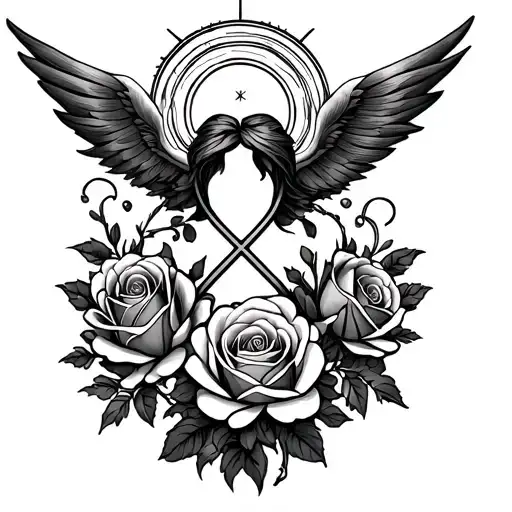 a dainty line work gemini astrology symbol with dainty roses intertwined & a halo tattoo design idea