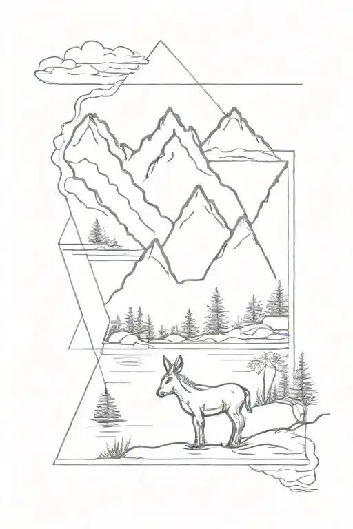 frame with landscape of mountains and lake(with a little fishing gear )with a small donkey  tattoo design idea