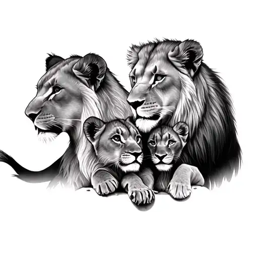 Lioness and lion cubs in profile looking at each other tattoo design idea