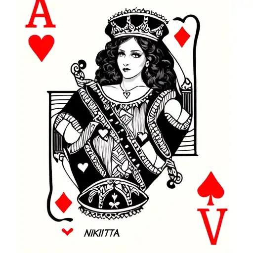 Queen of hearts card with my fiancee name built into it she is called Nikita, crazy like harlequin tattoo design idea
