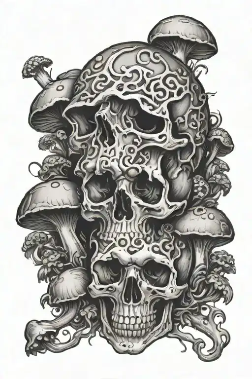 skull covered in mushrooms tattoo design idea