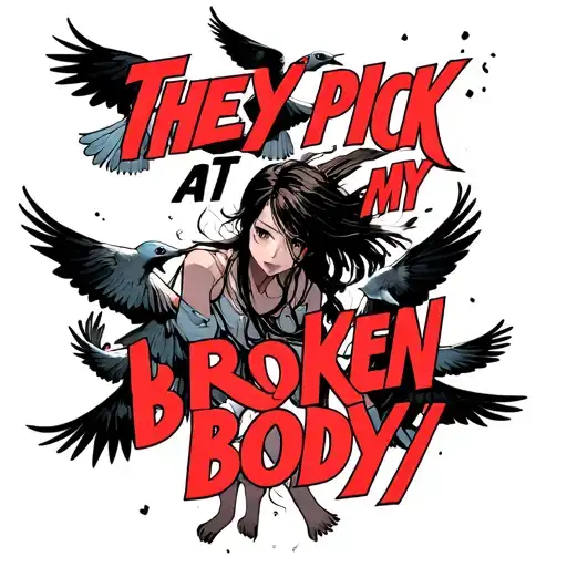 The text" They pick at my broken body" in a bold font and an image of birds attacking a girl tattoo design idea