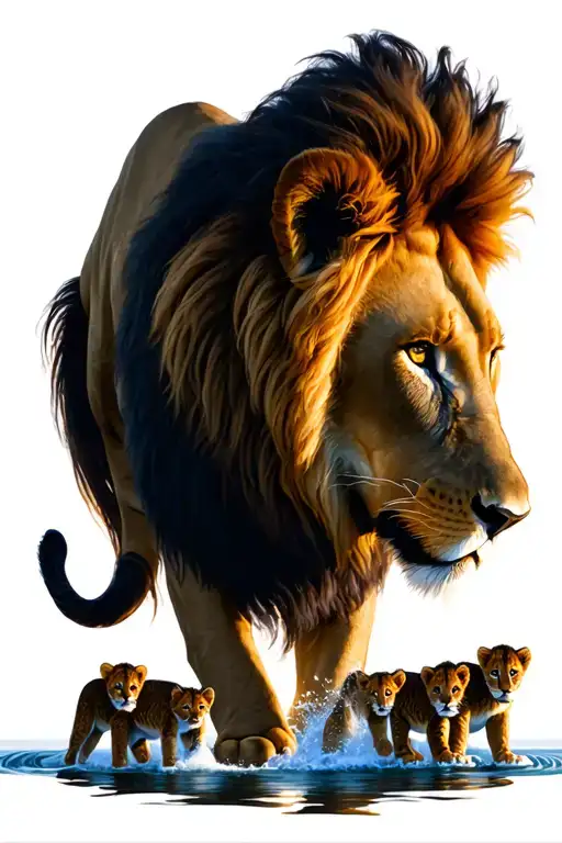 lion with cubs sunset waterfalls  tattoo design idea