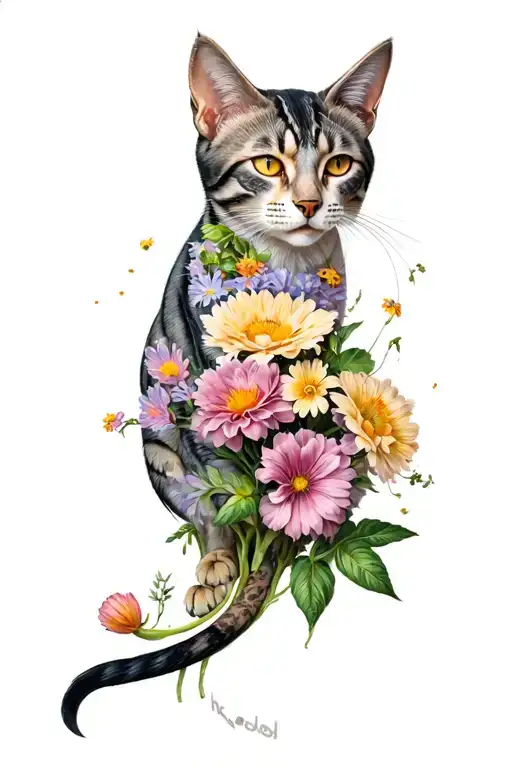 dead cat Flowers sprout coming tattoo design idea