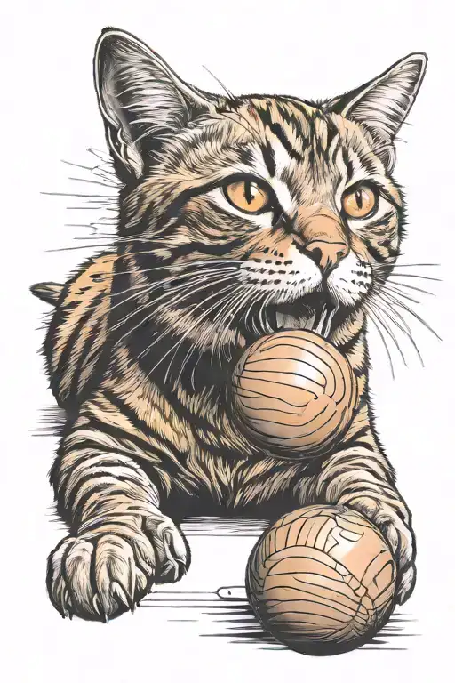 orange tabby cat with toy ball tattoo design idea
