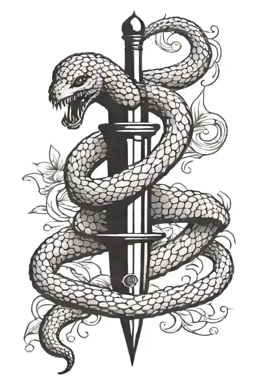 straight dagger, snake wrapped around it, pomegranate cut in half dripping like blood, head of snake sticking out tattoo design idea