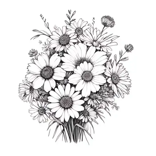 bouquet of flowers with cosmos, daffodils,daisy and asters tattoo design idea