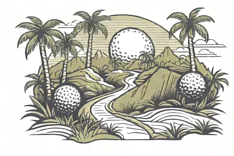 A golf ball rolling down a mountain path lined with palm trees tattoo design idea