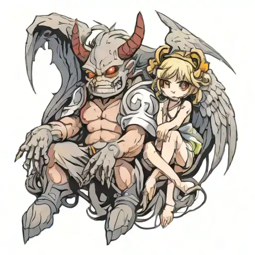 gloomy gray guy demon and little cheerful girl angel tattoo design idea
