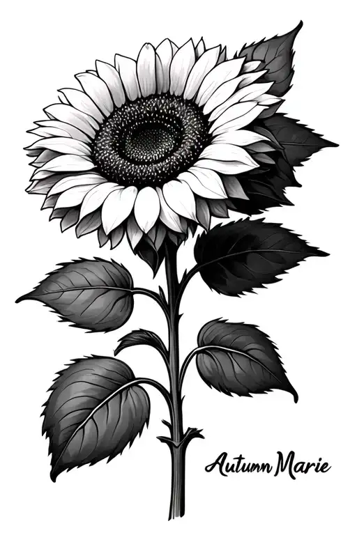 sunflower with the name autumn marie as the stem wrapped tattoo design idea