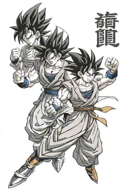 Create a tattoo picture for my leg with the characters:Goku & VegetaYujirõ Hanma & Grappler BakiAsta & YunoSung tattoo design idea